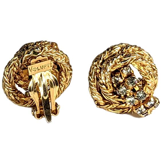 Vintage Signed VOLUPTE Goldtone Round Rhinestone Clip On Earrings - Picture 5 of 6